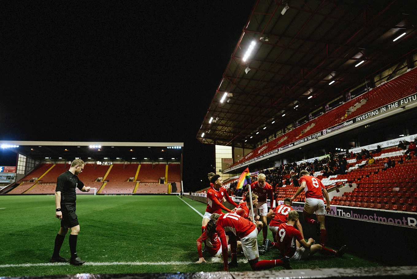 Our U18s celebrate scoring against Crystal Palace in the FA Youth Cup third round at Oakwell